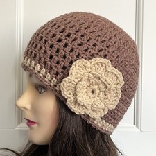 Handmade Crochet Womens Cloche Beanie Flapper Hat Flower Brown Beige Stripe