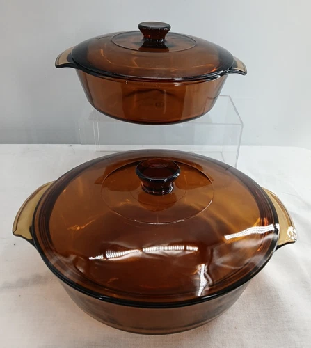 Set 4 Piece Vintage Visions Corningware Pyrex Amber Glass Lid Cookware 1 & 1.5qt