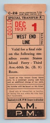 BMT Brooklyn Manhattan Dec 1, 1937 West End Line B. & Q. T. Corp. Ticket #01000