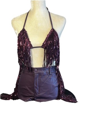 Gorgeous Purple Sequin And Fringe Halter  & High Waisted Shorts Set Size Medium