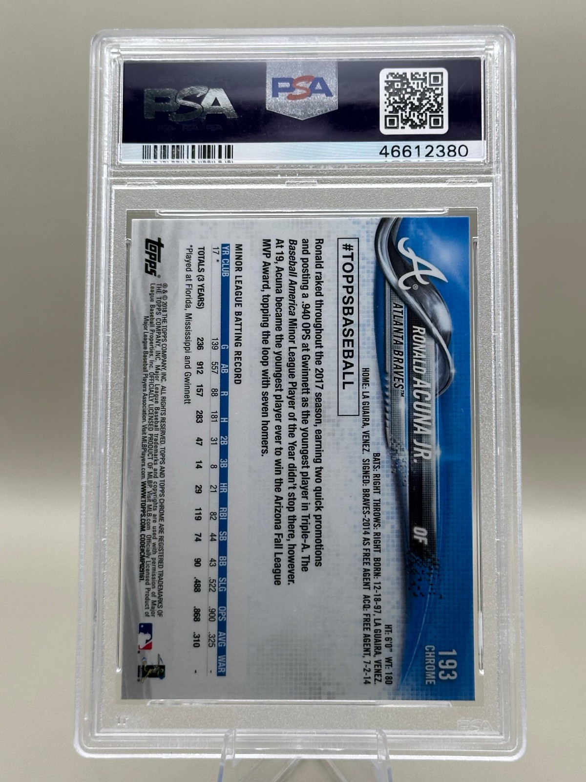 2018 Topps Chrome #193 Ronald Acuna Jr Rookie RC PSA 10 GEM MINT view 2