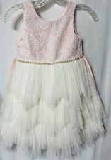 Girl's AMERICAN PRINCESS Pink Lace White Layered Tulle Crystals Dress Sz 6X / 7