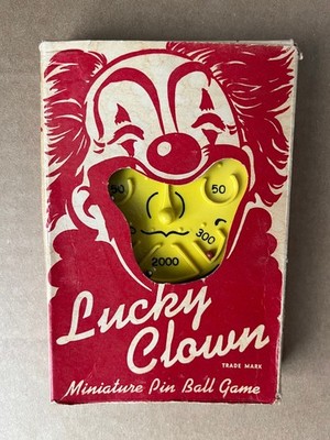 Vintage Lucky Clown Miniatur Pin Ball Spiel in Box Hero Mfg Co. Selten GELB.