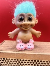 Vintage Russ Berrie Troll Doll Teal Blue Hair Pink Bunny Slippers 5 inch