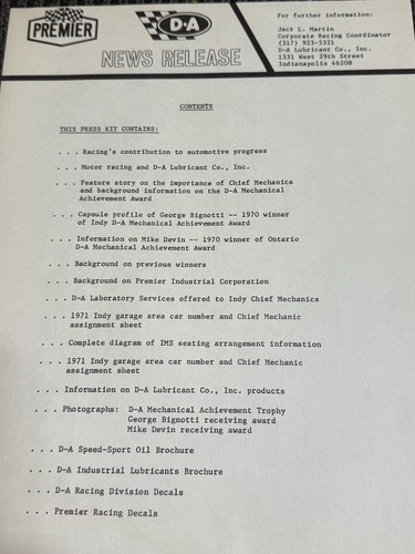 Premier D-A Pressemappe Mechanical Achievement Award 1971 Indy 500 Bios Photos - Bild 5 von 10