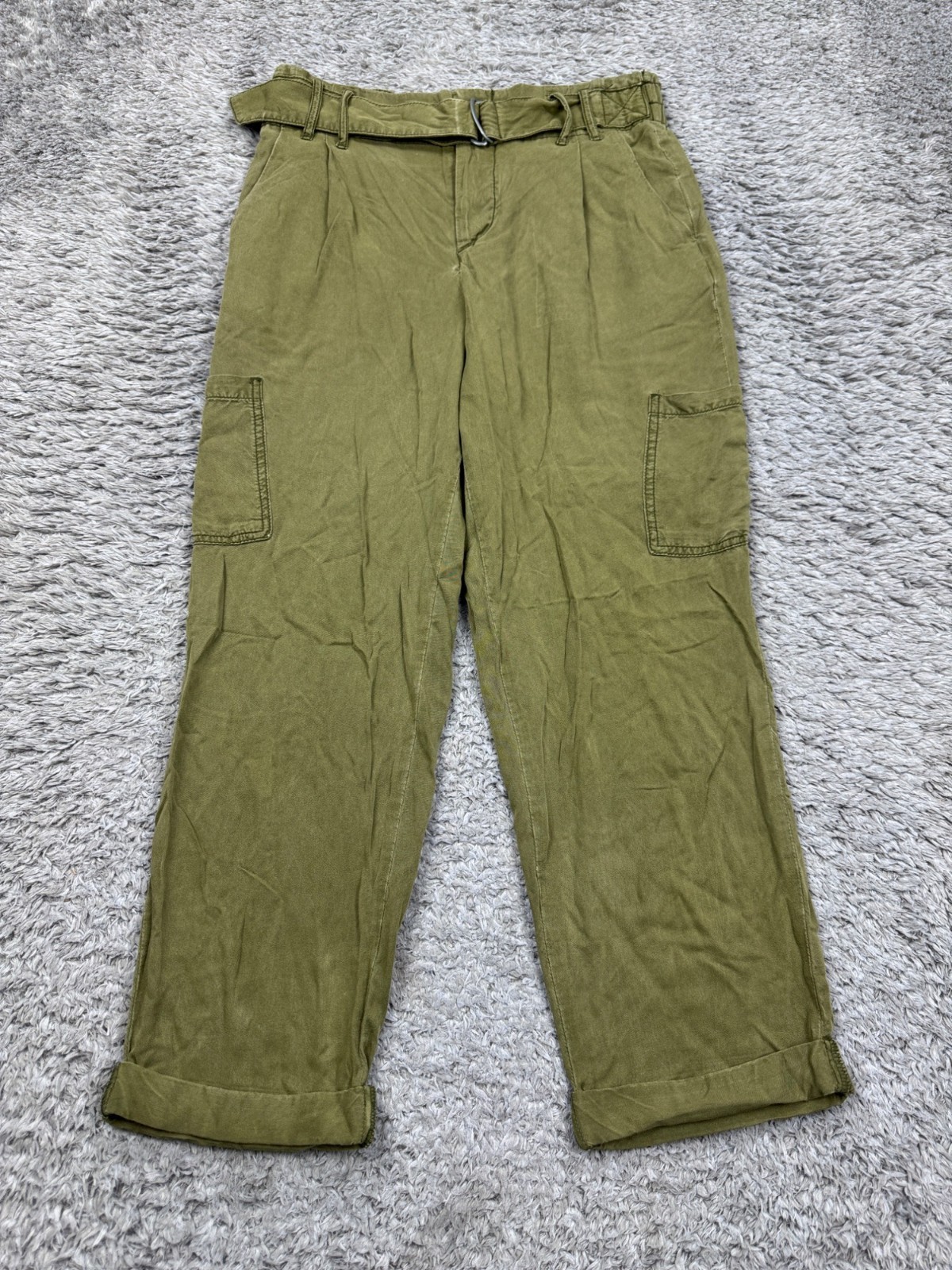 Free People Tahiti Cargo Pant Women 2 Sage Green Cuffed Crop Button Fly Belted