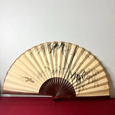 🔵 RARE Vintage 37" Hand-Painted Asian Wall Fan – Birds by Original Artist