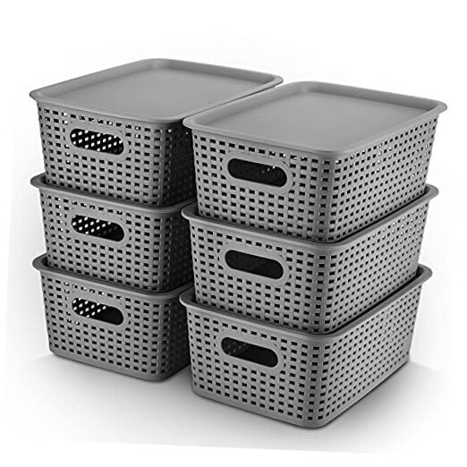Plastic Storage Baskets Bins With Lid Organizing Container Lidded Knit Grey