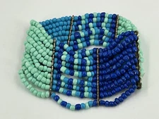 Bracelet Womens Shades of Blue 2" Wide Stretch Boho Cuff Gold Tone Spacer Beads