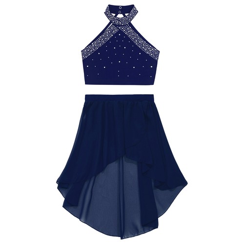 UK Girls Lyrical Dance Costume 2 Pc Halter Backless Crop Top with Skirt Outfit - Picture 102 of 105