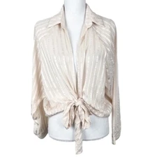 Melrose With Love Blouse Women Small Beige Long Sleeve Tie Waist Wrap Collared