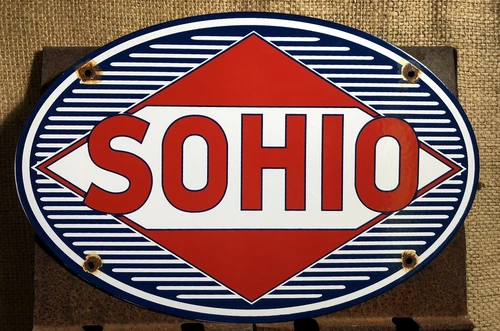 VINTAGE SOHIO GASOLINE PORCELAIN 16.5” SIGN GAS STATION PUMP PLATE SIGN