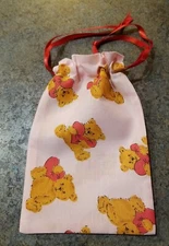 Small Ribbon Drawstring Pouch Bag  Handmade Teddy Bear Cotton Print 7 "x 5 1/2"