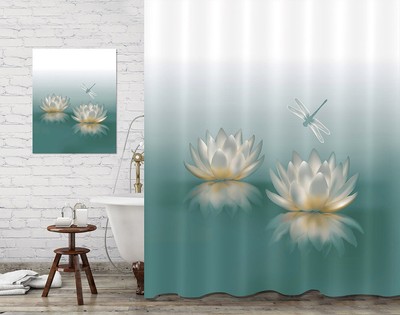 Water Lily Reflection Dragonfly Bathroom Decor Fabric Shower