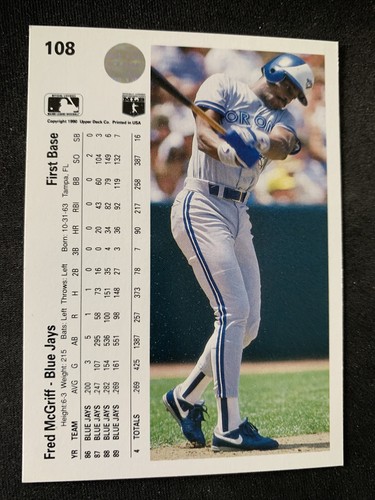 1990 Upper Deck Baseball Card #108 Fred McGriff Toronto Blue Jays NmMt Free Ship - Picture 3 of 3