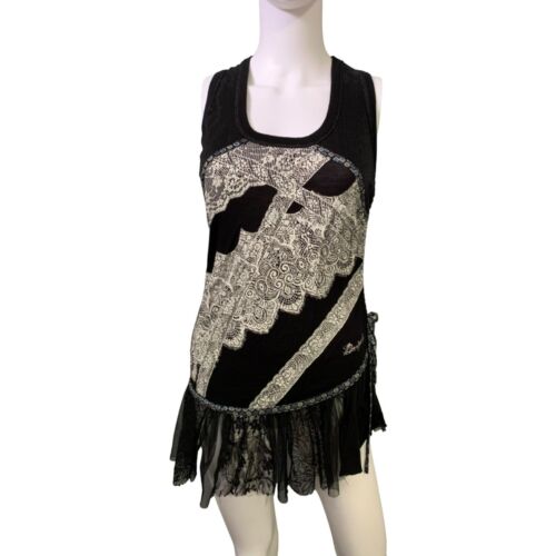 VTG Desigual Black Lace Shirt Top Dress Whimsigoth Y2k Mesh Boho Retro L - Picture 3 of 10