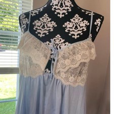 Vintage Diane Von Furstenberg Nightgown Blue Sheer Lace Top Size M L As Is