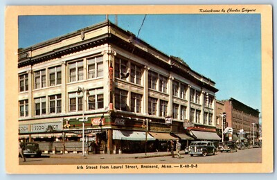 Brainerd Minnesota MN Postcard 6th Street Laurel Street Scene Classic Cars 1960