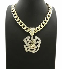 ICED HIP HOP GOLD PT BADBOY BLING PENDANT & 11mm 20" CUBAN CHOKER CHAIN NECKLACE