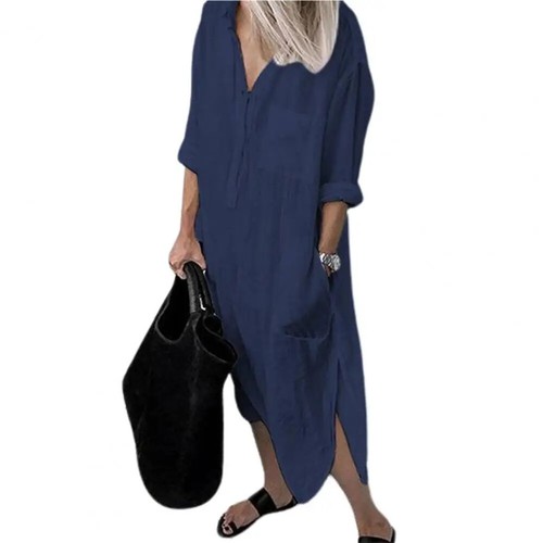 Women's Cotton Linen Maxi Shirt Dress Baggy Casual Kaftan Loose Sundress Size US - Picture 5 of 30
