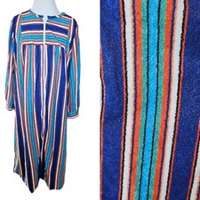 VTG 70 M Thin Terry Striped House Coat Robe Dress Zip Front Long Rainbow