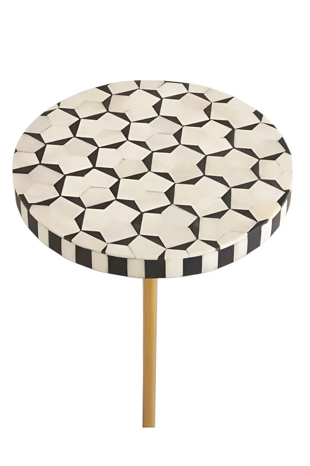 Bone Inlay Geometric Drink Table – Round Handmade Accent Table with Brass Accent - Image 2 of 4