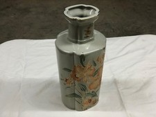 Speckled Porcelain Vase w/brown and green flowers with gold trim 13''