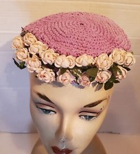 Vintage 40s 50s Crocheted Lavender hat with Pink Roses