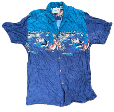 VTG Reservoir Hawaiian Button Up Shirt Blue Palm Surf Short Sleeve Mens Sz Large