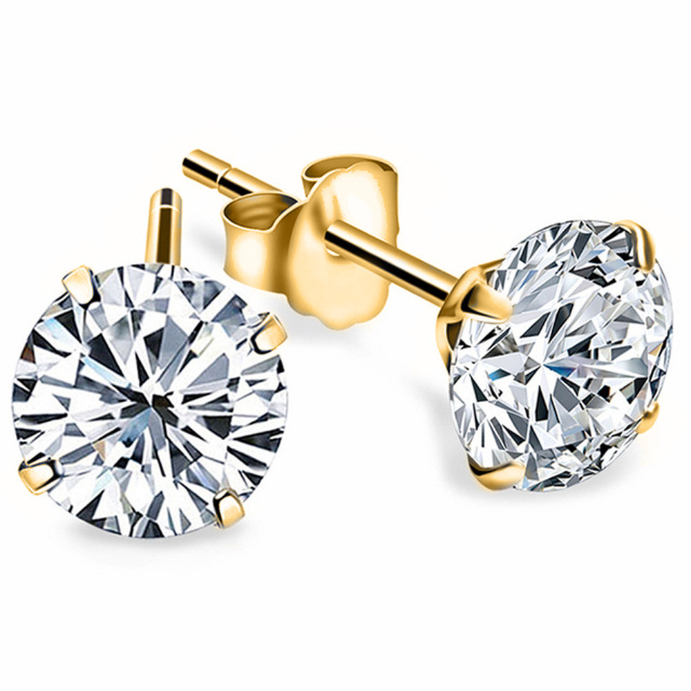 14K Yellow Gold Cubic Zirconia Round Stud Push Back Earrings