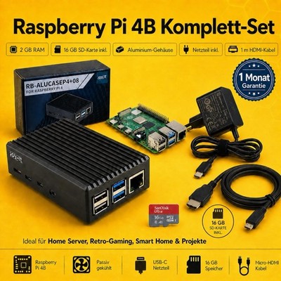 Raspberry Pi 4 Set   AluGehäuse | Netzteil | 2GB Edition | 16GB SD Speicher+