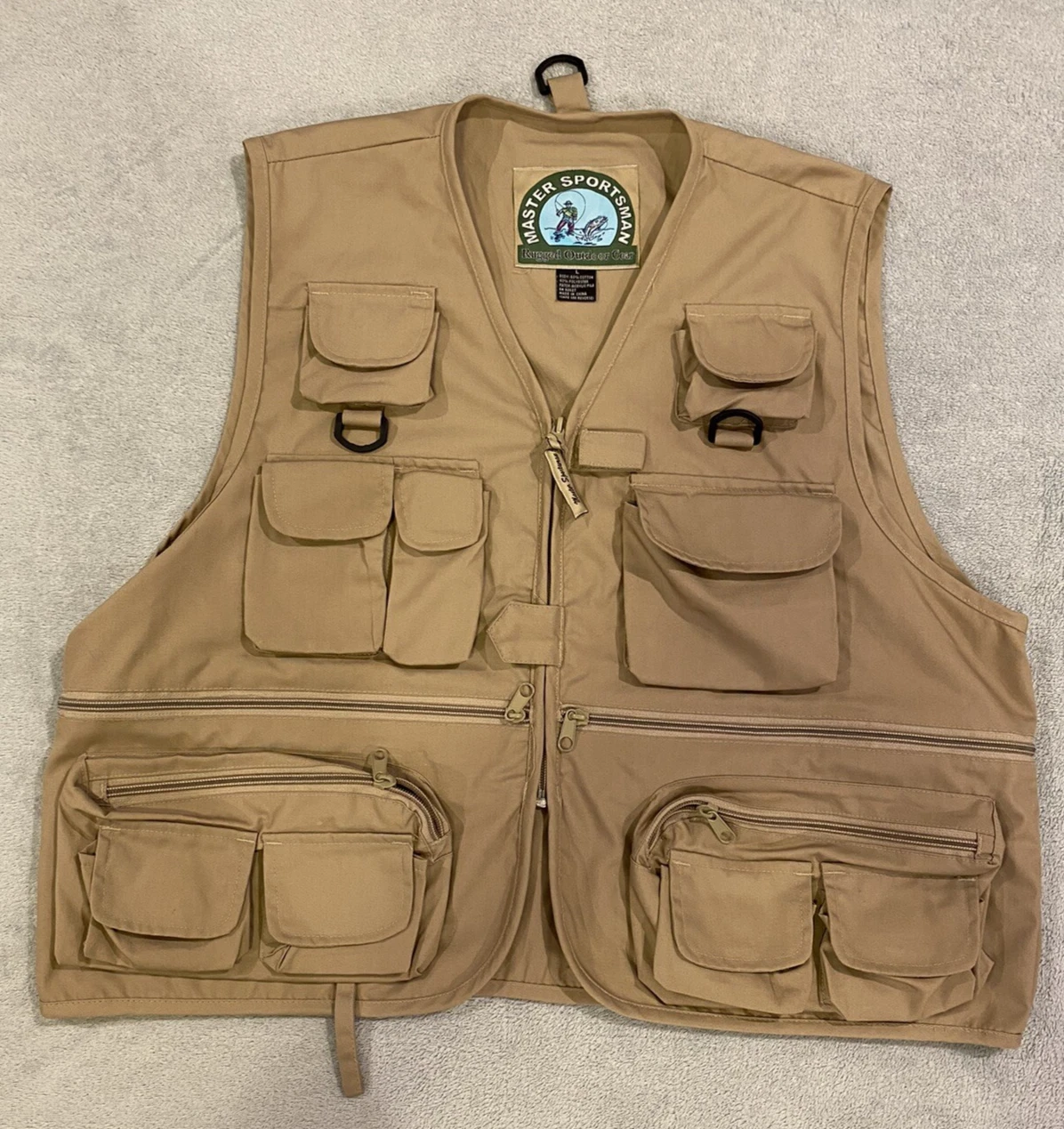 Vintage Master Sportsman Fly Fishing Vest Large Tan Beige Zippered Pockets