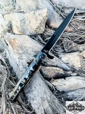 9" Stiletto Style Black Blade Spring Assisted Folding Knife With Grey Black Inl