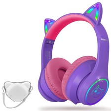 Bluetooth 5.4 Kids Headphones with Case - RGB LED Light Up Cat Ears Foldable ...