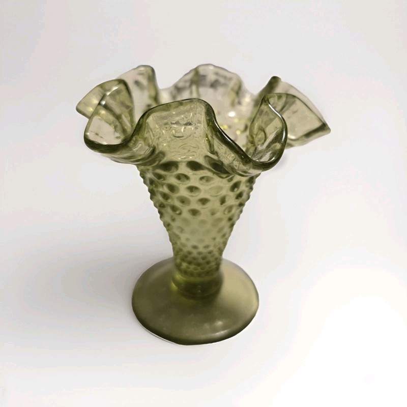 Fenton Green Glass Hobnail Small Cone Trumpet Shaped Fluted Vase 
