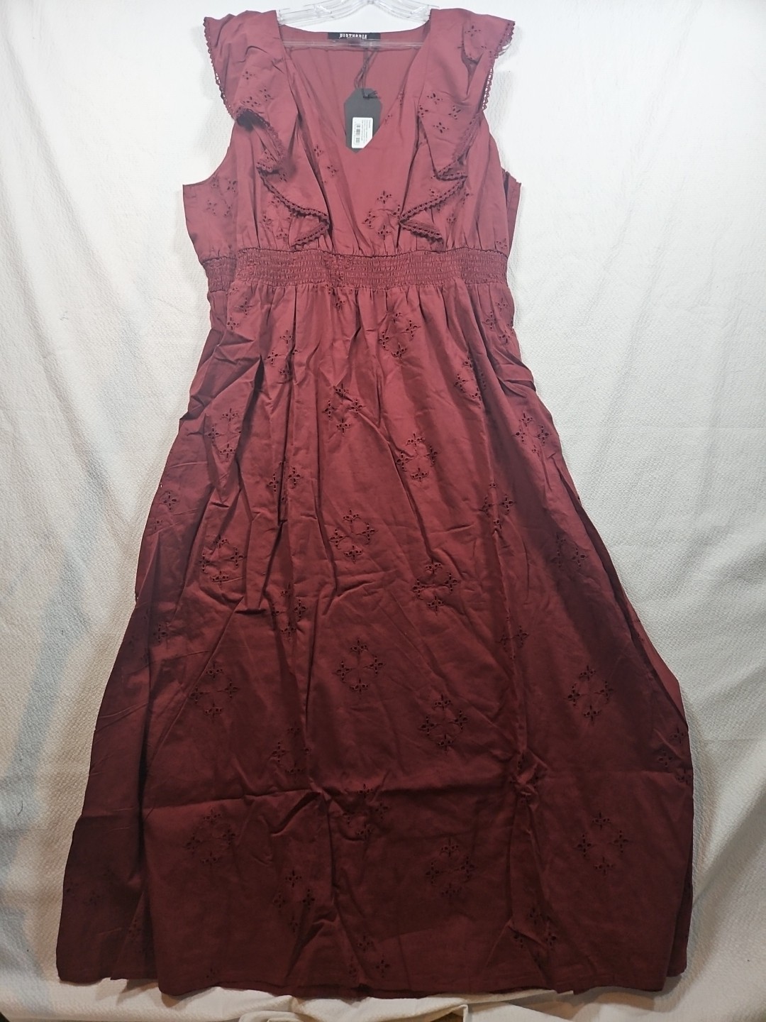 Disturbia Crux Broderie V-neck Frill Maxi Dress, Women's 16, Maroon