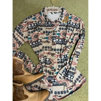 Heimish USA Womens Southwestern Geometric Print Button Down Shirt Tan Teal Small