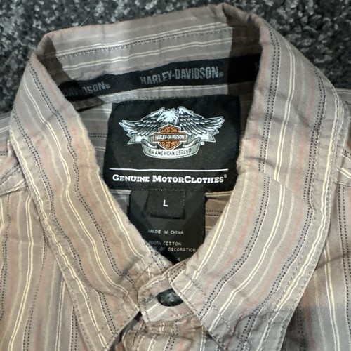 Harley Davidson Genuine Motor Long Sleeve Button Dress Shirt Gray White Brown - Picture 4 of 8