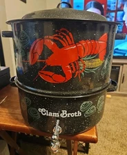 Vintage Double Steam Speckled Black Seafood Lobster Steamer Clam Corn Pot w/ Box