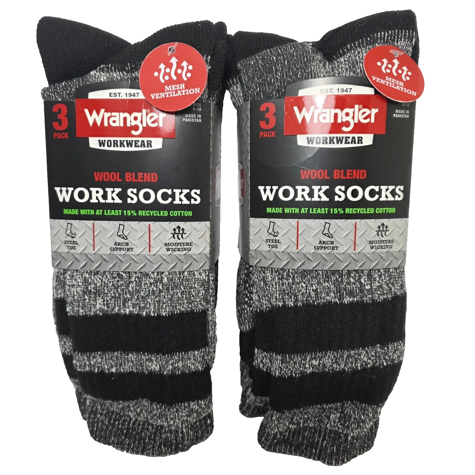 6PK Wrangler Mens Wool Blend Socks Full-Cushion Moisture Wicking Black Size 6-12