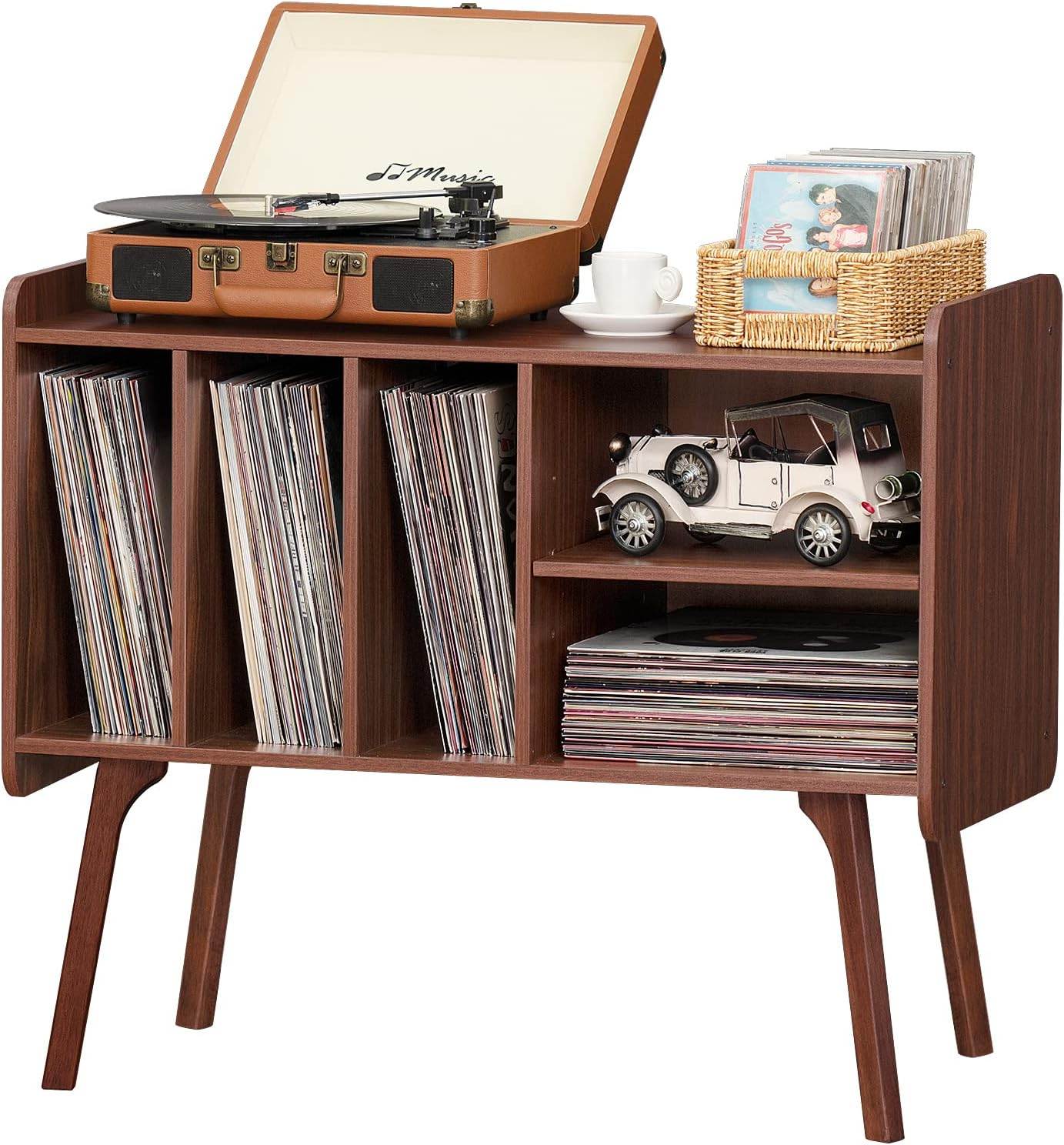 Mid-century walnut vinyl record player stand with storage for 220 albums