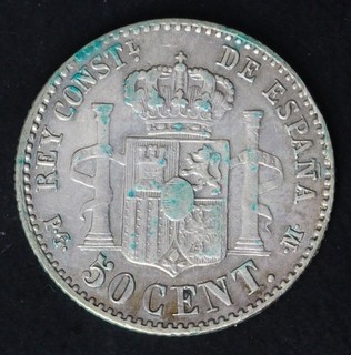 SPAIN 50 Centimos 1892 (92) PG M Silver 0.835 Alfonso XIII. VF 4423