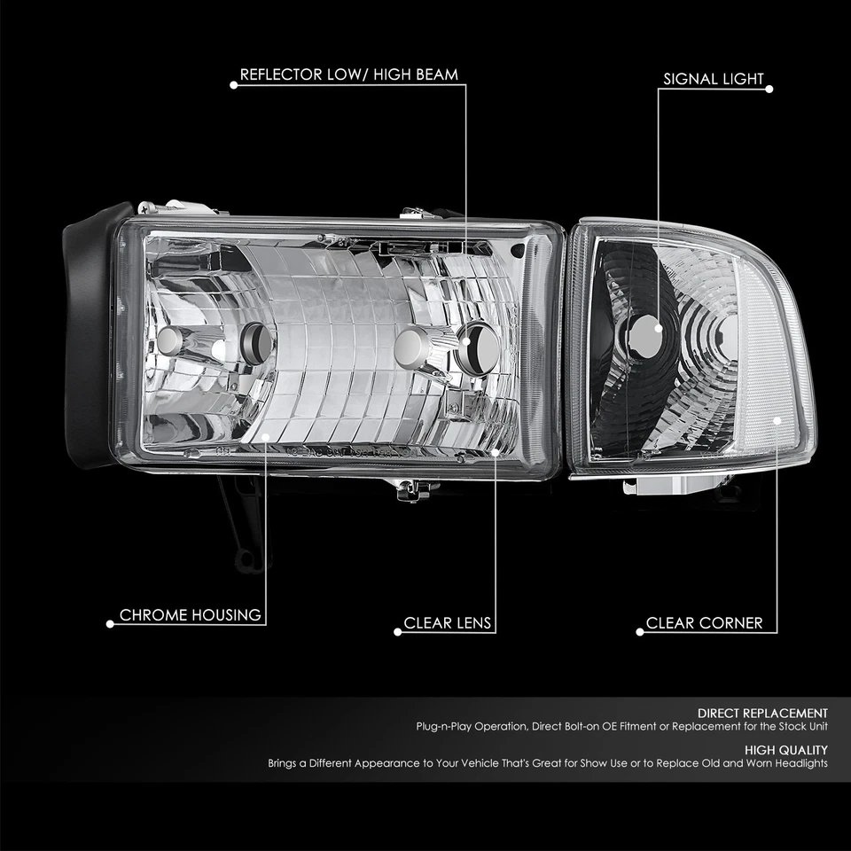 PARA 94-02 DODGE RAM 1500 2500 3500 CARCASA CROMADA FAROS ESQUINEROS TRANSPARENTES LÁMPARAS Foto 2 de 4