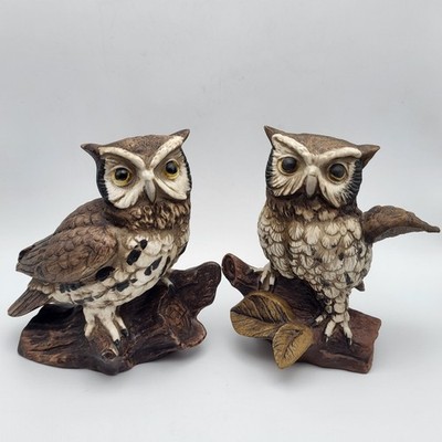 Vtg Realistic Horned Owl Figurine Bird Decor Set Of Two Homco Porcelain Bisque 