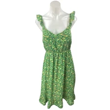 Jessica Simpson Green Floral Sleeveless Ruffle Cami Midi A-Line Tank Dress Sz XS