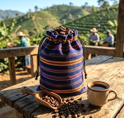 Coffee Bag Cotton Cinch Bag Guatemalan Fabric Pouch Java Holder 