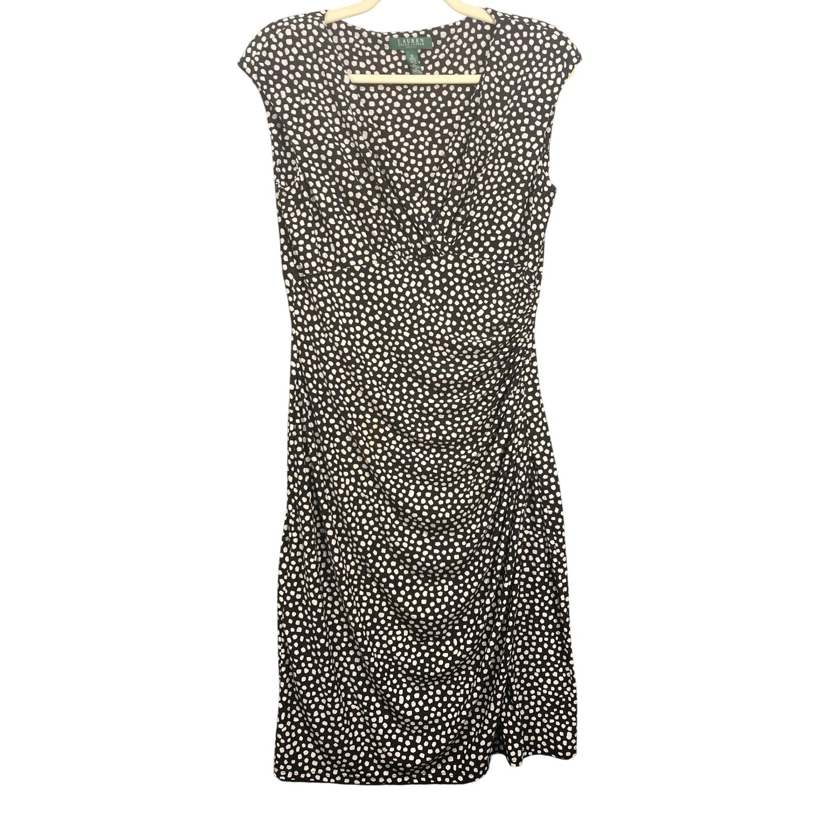 Lauren Ralph Lauren Black White Polka Dot Ruched V-Neck Sheath Dress Size 10