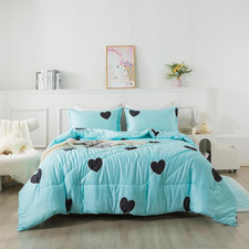 Love Pattern Girls Comforter Set King Size, Sky Blue Cute Love Heart Print Comfo
