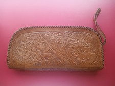 Vtg 1960s-70s Hand Tooled Leather Clutch Handbag Purse Zipper Closure 11" Length