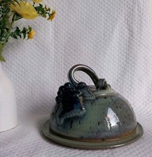Signed Berry Sandstone Cheese/Butter Bell - Blue, Green & Brown Enamel